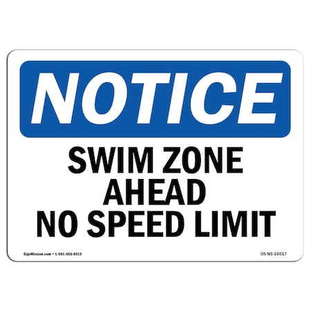 Signmission Safety Sign, OSHA Notice, 7" Height, Swim Zone Ahead No Speed Limit Sign, Landscape OS-NS-D-710-L-18517